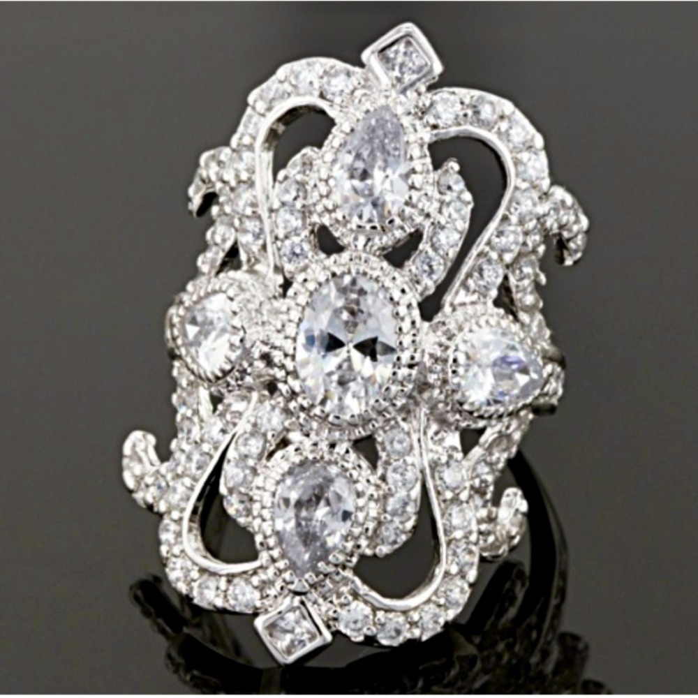 3.8 Carat DEW CZ Cocktail Statement Ring 925 Sterling Silver Rhodium Plated - Picture 2 of 8